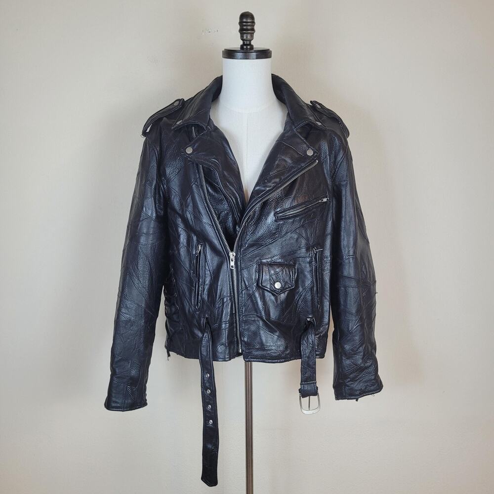 Diamond Plate Buffalo Leather Jacket‎ Mens Large Black Motorcycle Biker Belted
